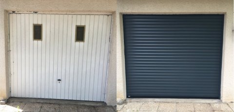 Domobaie - Nevers - Cosne sur Loire - Porte de garage enroulable - SOMFY - Porte de garage motorisé - Design -  Aluminium isolé -  Sur mesure - Pvc - Bois - Anthracite - Voltech - Avant après